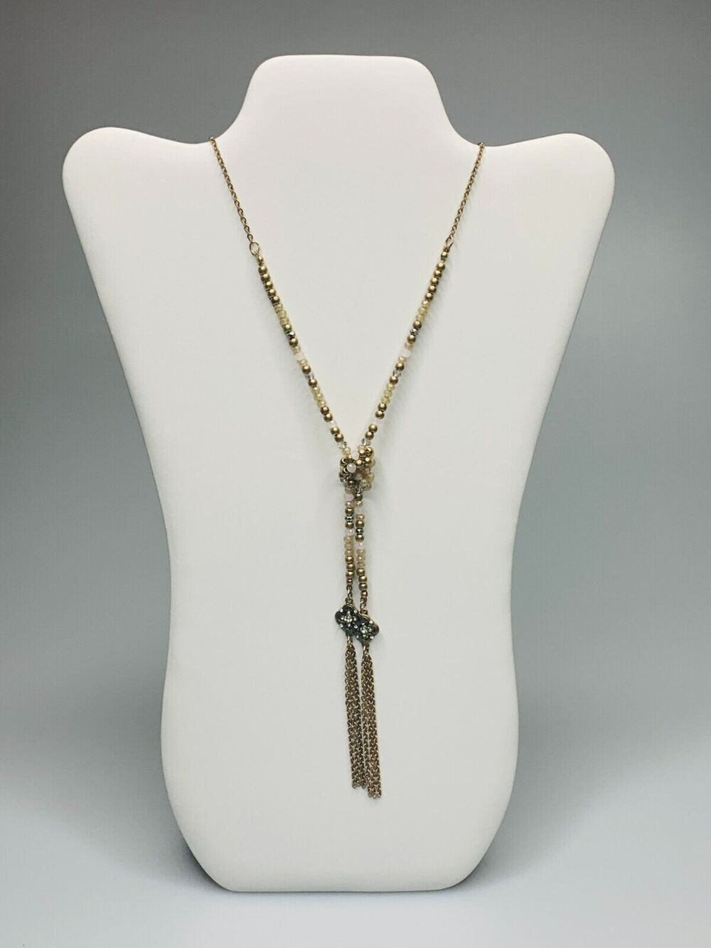 Long Gold Tone Beaded Tassel Necklace with Beaded Knot